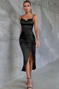 Satin Spaghetti Strap Cowl Neck Split Dress